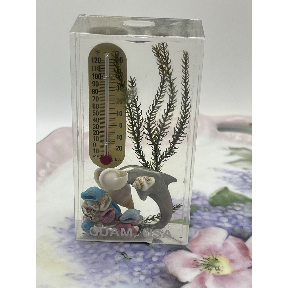 Vintage Souvenir Thermometer Guam Fish Shells Acrylic Paperweight